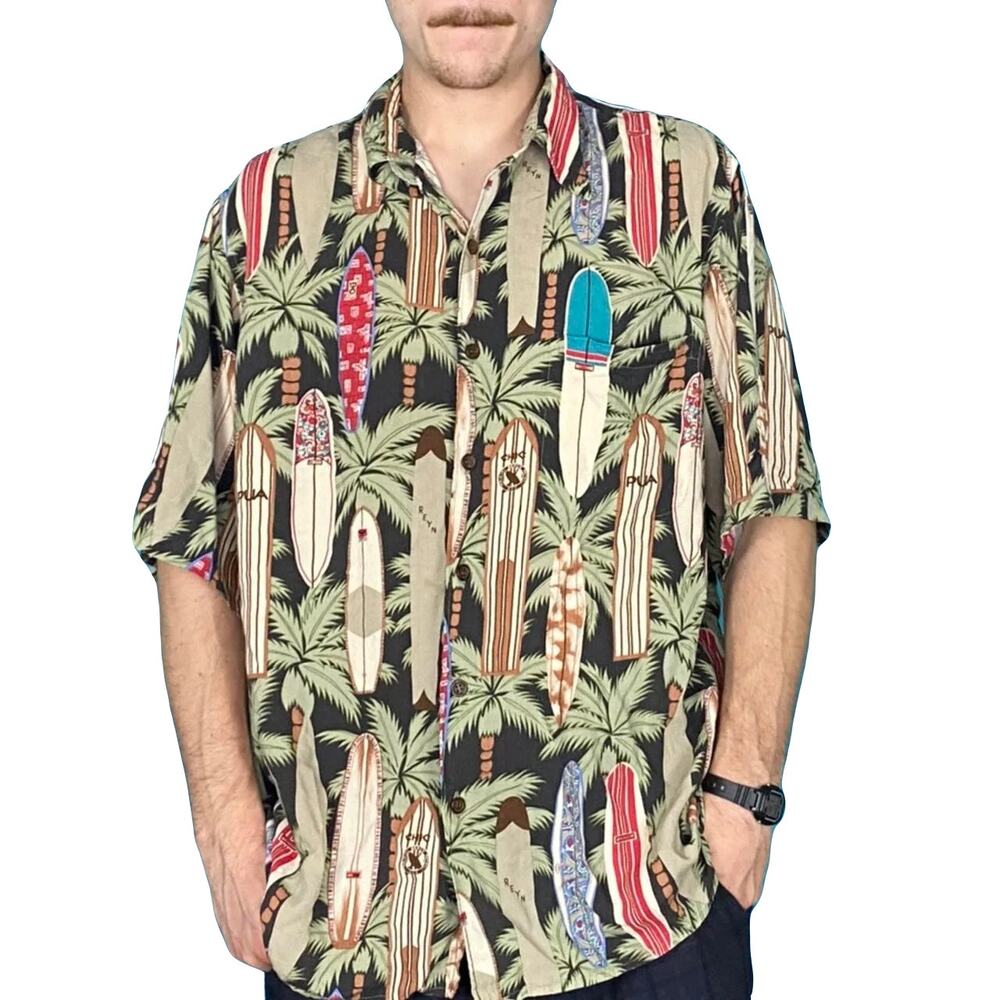 NWOT REYN SPOONER Shirt L Surfer Board Palm Trees Short Sleeve Rayon